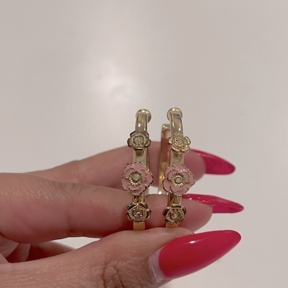 Gold C-Hoop Earrings with Flowers